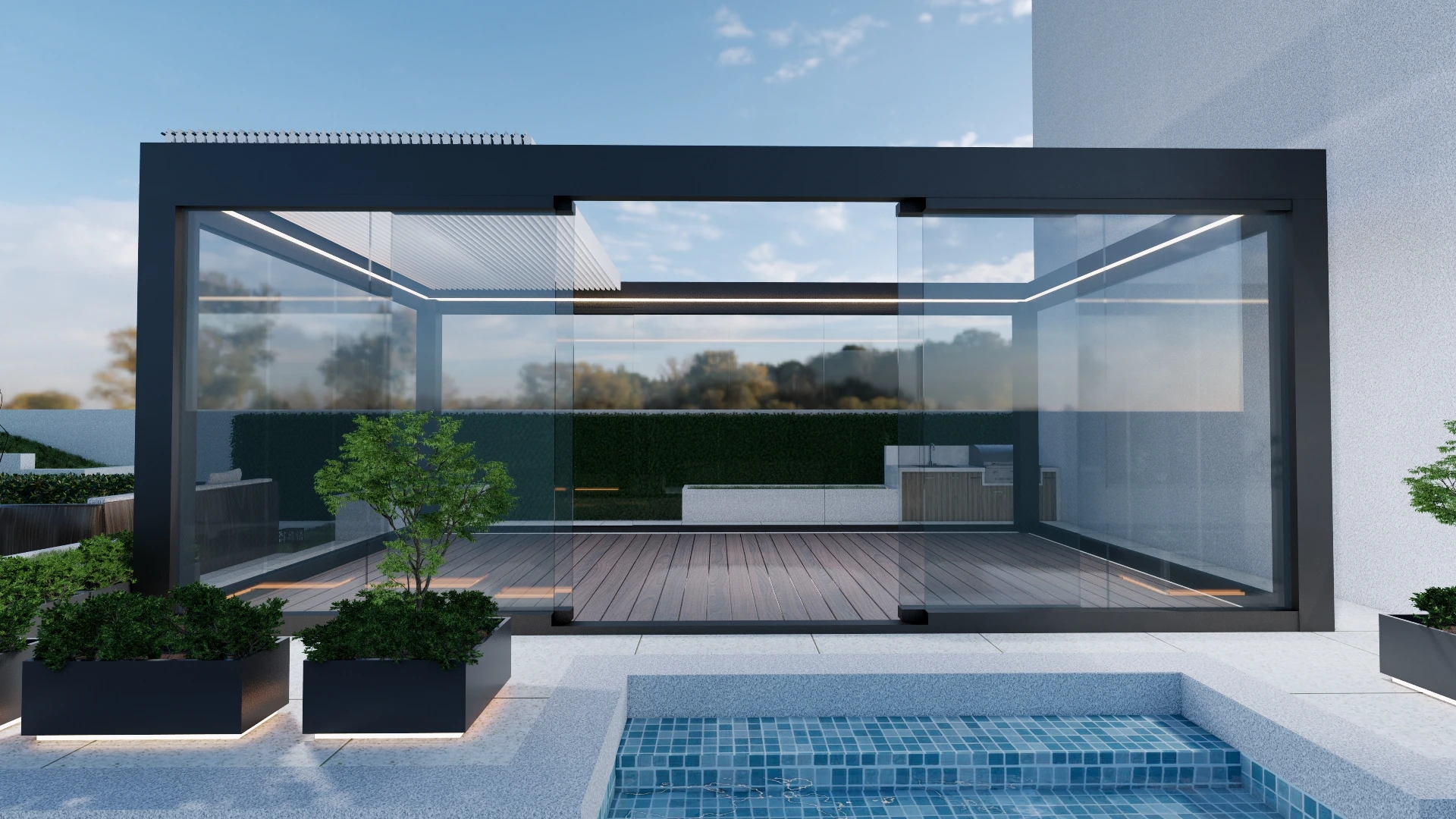 Telhado com persianas para terraço totalmente automático, retrátil, deslizante e dobrável, à prova d'água, pérgula externa de alumínio