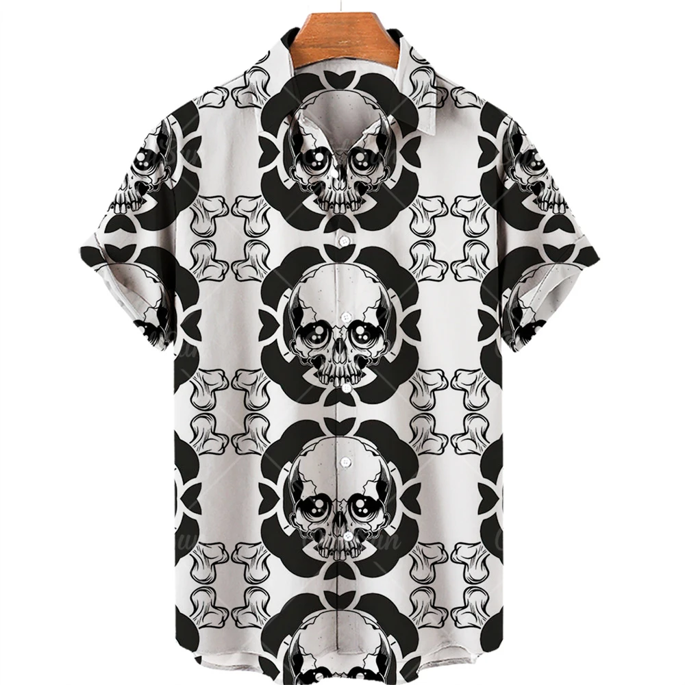 Men\'s Short Sleeve Hawaiian Shirt One Button Shirt 3D Skull Print Casual Breathable Beach Shirt Plus Size 5XL