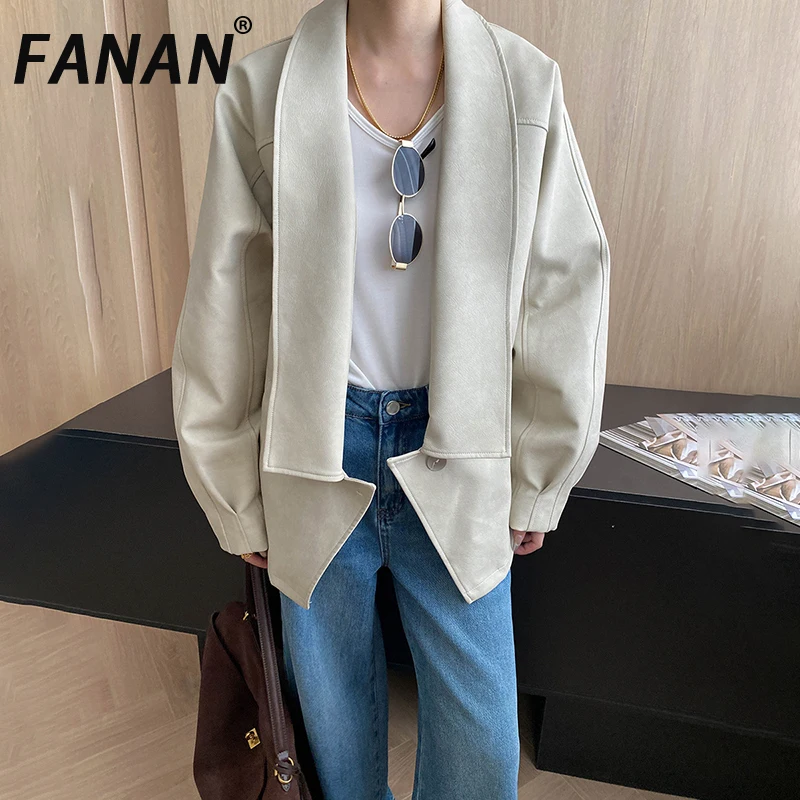 

FANAN Elegant Big Lapel Design Leather Trench Women's Single Button Long Sleeve Office Lady Windbreaker Female 2025 Autumn New
