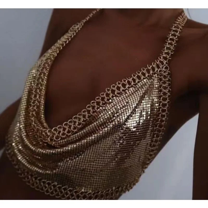 Damen-Top aus goldenem Metallnetz mit Ketten-Halterneck, drapiertem U-Ausschnitt, rückenfreiem Crop-Top und verstellbarem Ketten-Body-Harness für Party, Rave und Festival – Detail 1
