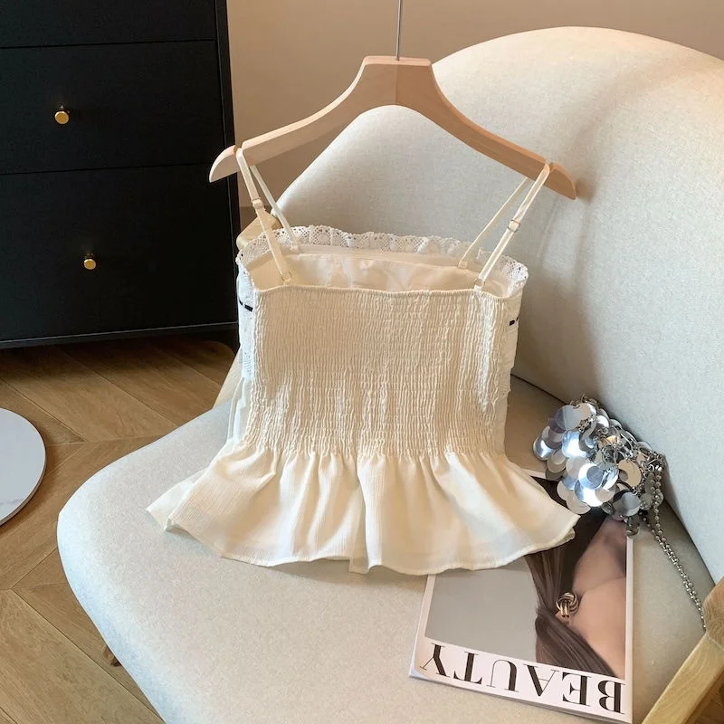 Sexy Lace Splice Design Strapl Vest Sweet Anti-aging Pure Desire Slim Fit Top Summer 2025 Faion Women's Top