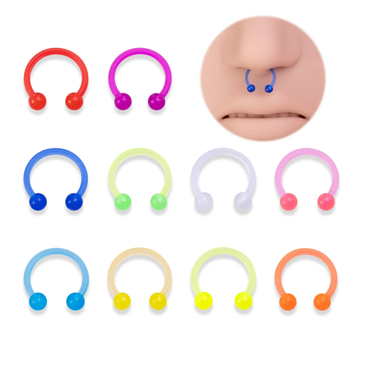 10/100pc Acrylic Nose Ring for Body Piercing, Glowing Soft Rod Horseshoe Spacer Ring, Earring Accessory Nose Stud for Piercing