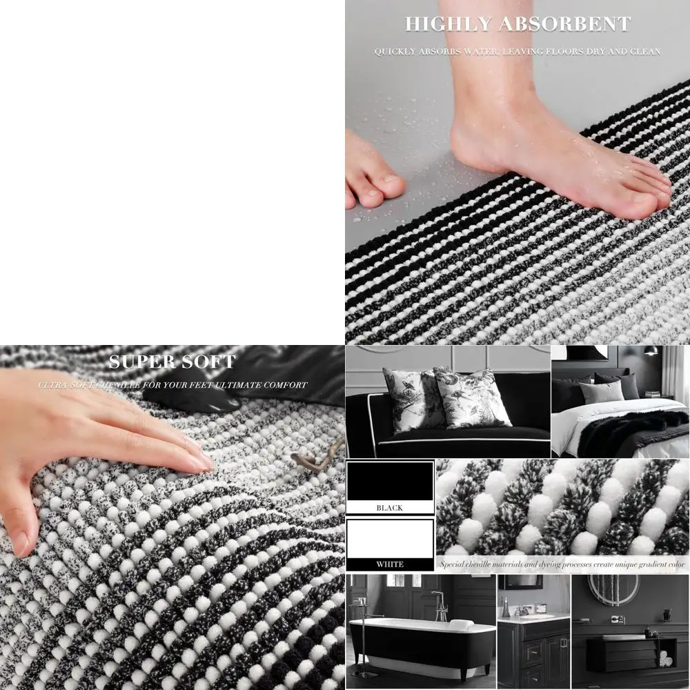 

3-Piece Bathroom Rug Set: Large U-Shaped Chenille Shower Mat, Non-Slip Absorbent Mats, Black