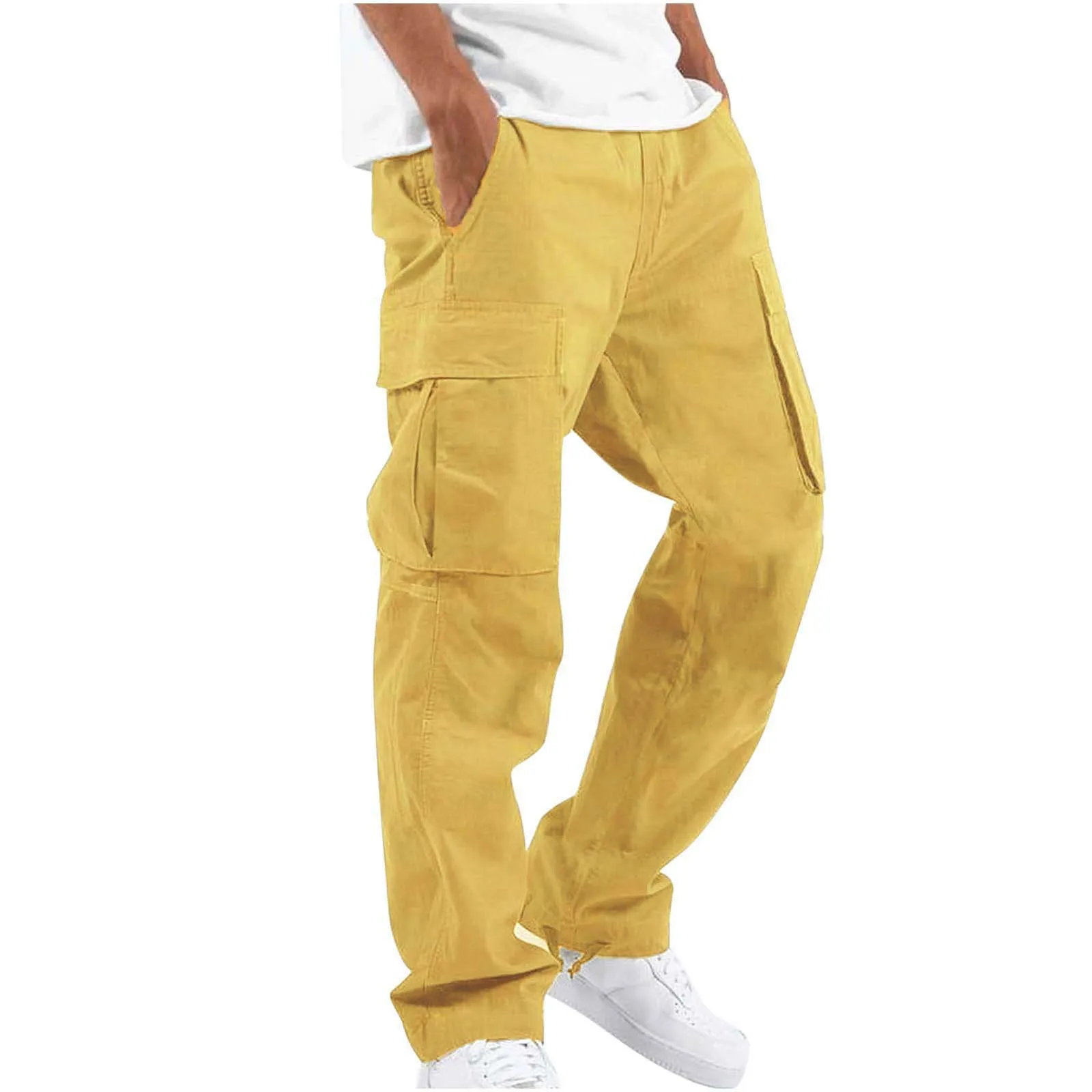 

Spring and Autumn New Fashionable Men's Hip Hop Breathable Multi Pocket Solid Color Simple Drawstring Wide Leg Pants