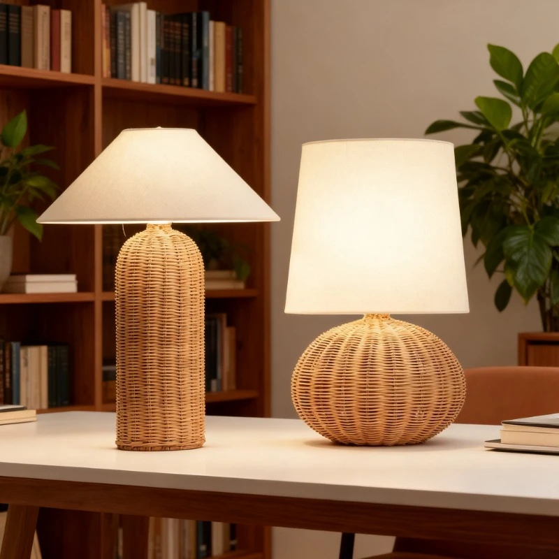 Japanese Rattan Desk Lamp Fabric Lampshade Warm LED Light Living Room Bedroom Study Home Decor