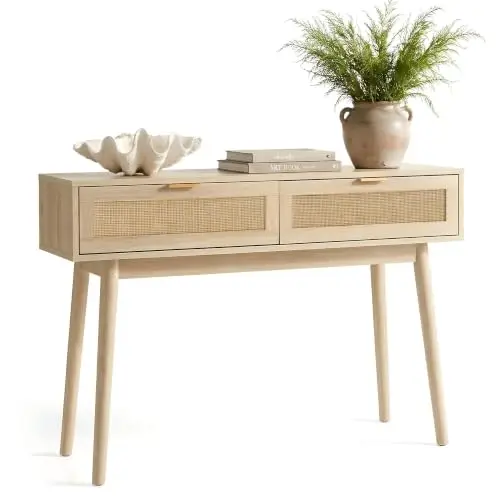 Console Table Rattan Desk with Drawers, Narrow Sofa | Pine Leg, Modern Small Entryway for Hallway and Living Room, 39"