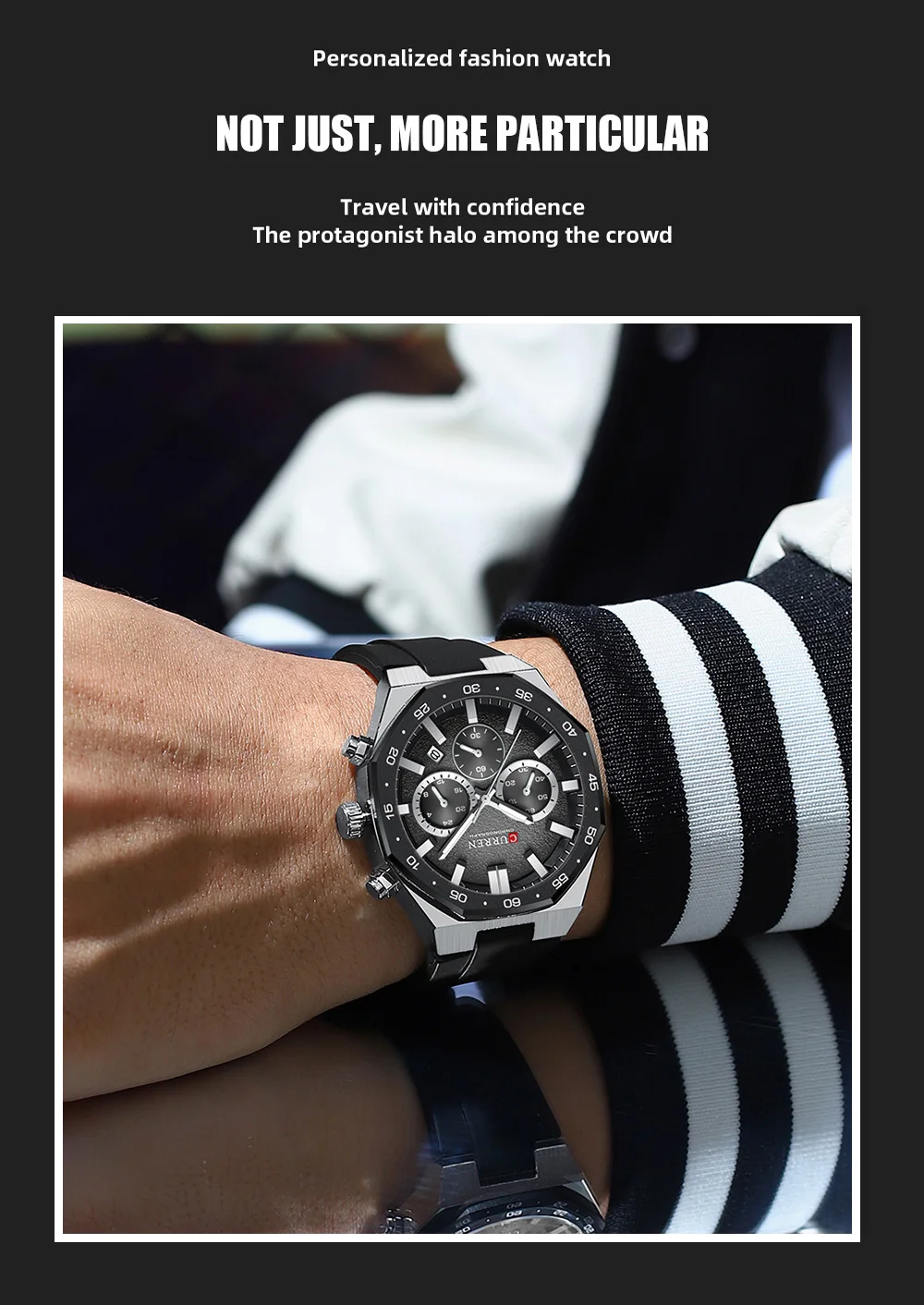 CURREN Herren Sport-Chronograph-Uhr mit Silikonarmband, Multifunktionszifferblatt mit Datum, Leuchtzeigern, Casual Quarz-Armbanduhr – Detail 9