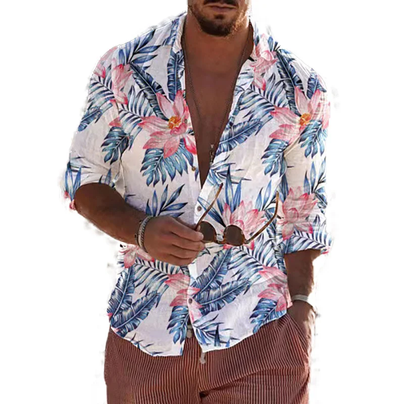 Summer 2024 Mens Hawaii Shirts Long Sleeve Leaves Graphic Comfy Holiday Hawaiian Shirt Button Up Blouse