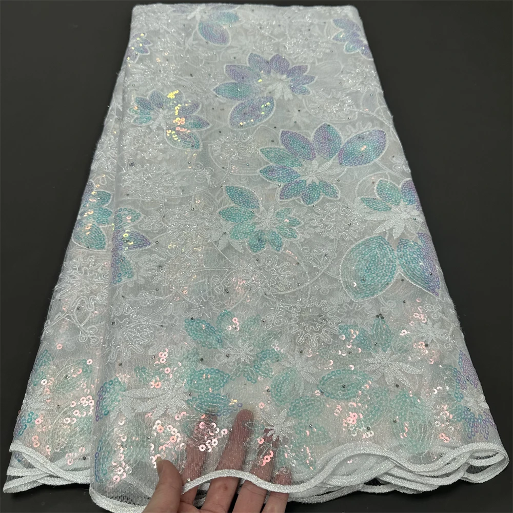 

High Quality 2024 African Nigeria Sequins Tulle Lace Fabric French Embroidery Wedding Party Guipure Dress Beads Stone hz1187