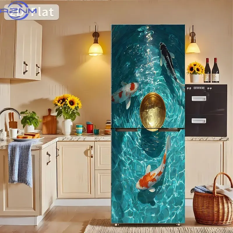 1pcs Refrigerator Stickers, 2D Flat Pattern Stickers of Goldfish Pond, Suitable for Refrigerator Surface Decoration, Kitchen A