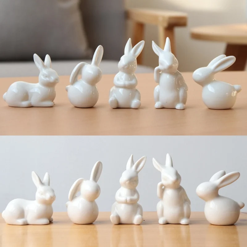 5แบบเซรามิค Bunny Figurines สำหรับอีสเตอร์ตกแต่งบ้านน่ารักสีขาวกระต่ายขนาดเล็กประติมากรรมเดสก์ท็อปสัตว์เครื่องประดับ
