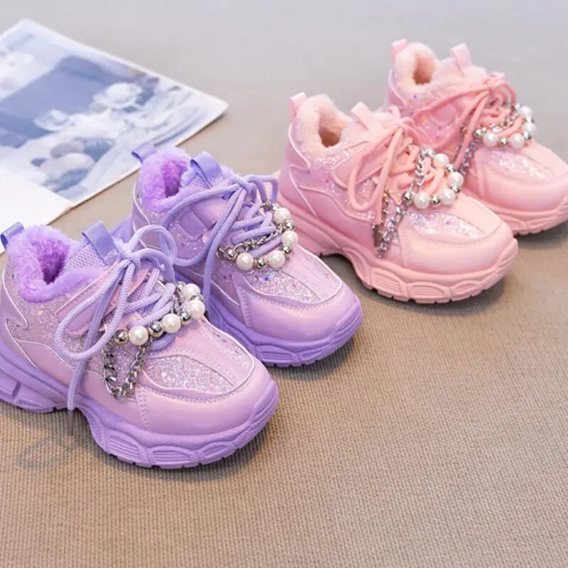 

Kawaii повседневная обувь, модная детская обувь, зимняя хлопковая обувь для девочек, новинка 2025, кроссовки принцессы с флисом, теплые большие хлопковые туфли для папы