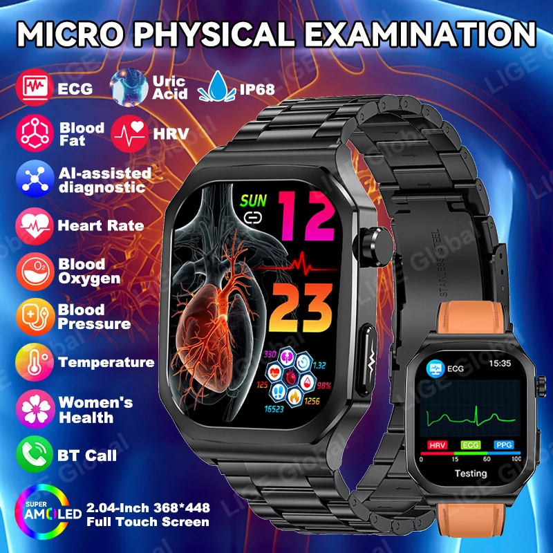 

LIGE 2025 Micro Physical Examination ECG PPG Smart Watch AMOLED Men Women Blood Fat Uric Acid Thermometer Health Monitor Watches