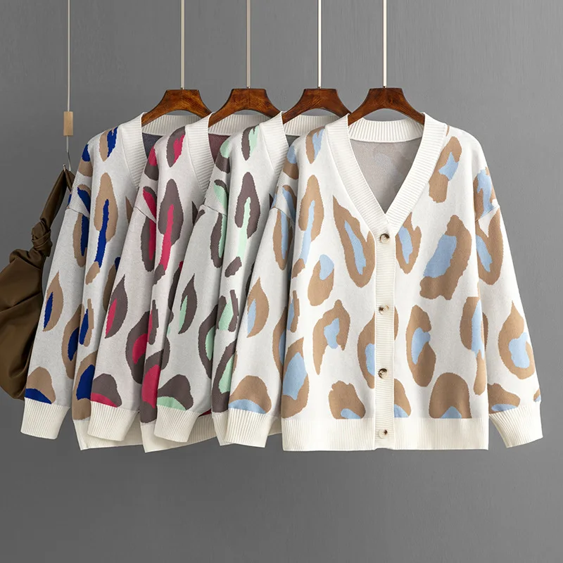 

Knit Coat Women Knitted Cardigan Sweater Knitting Jacket Leopard Print V Neck Single Breasted 2025 Autumn Winter Casual Knitwear