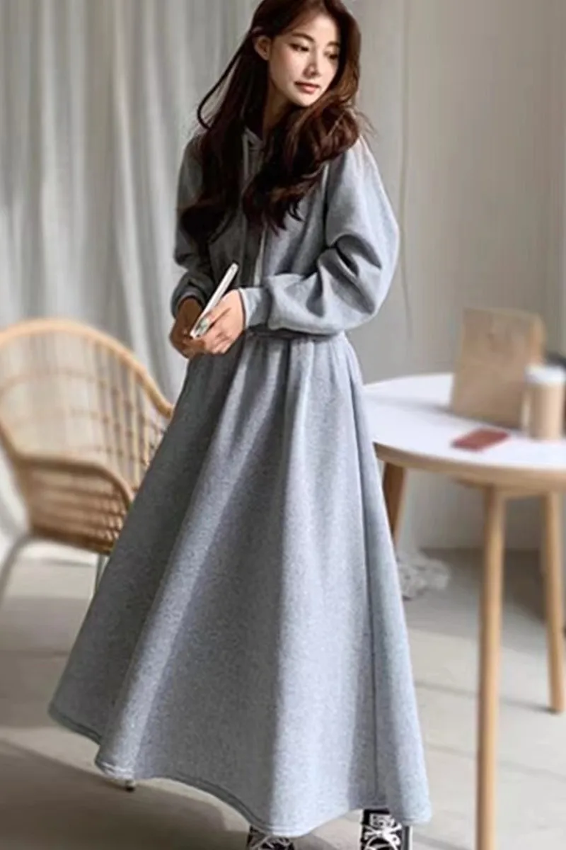 

Spring New plus Size Long Hoodie Dr Waist Cinched Ankle-Length Women's Dr Commute Sle Regular Sve Length Hooded