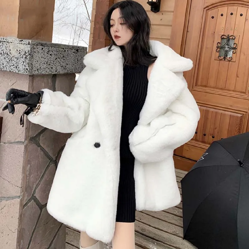 Winter Warm White Faux Fur Coat Women Long Sleeve Lapel Double Breasted Luxury Elegant Fluffy Fake Rabbit Fur Blazers