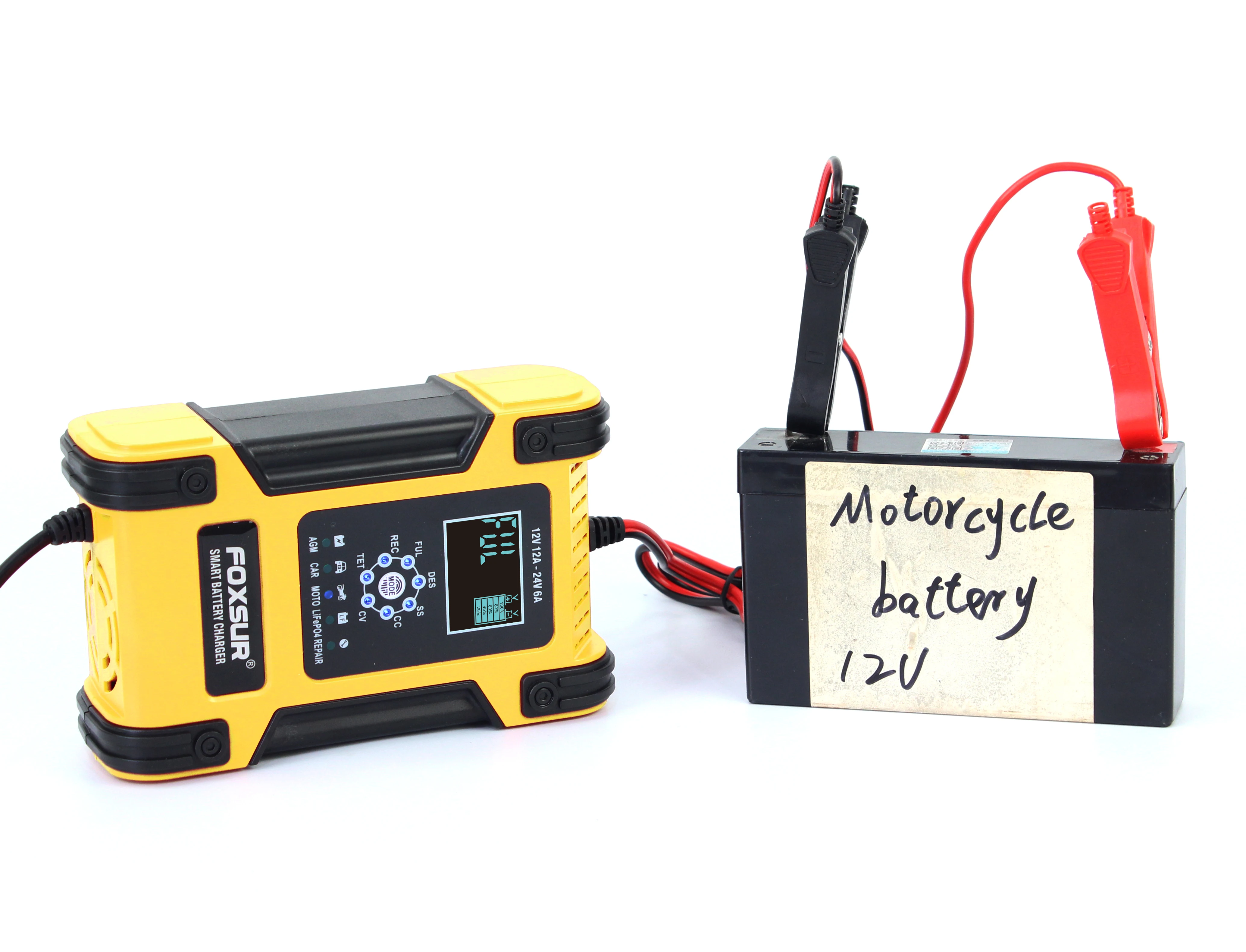 

FOXSUR 12V 24V 12A Car Battery Charger , Smart Pulse Repair Lead Acid AGM GEL WET LiFePo4 Battery Charger