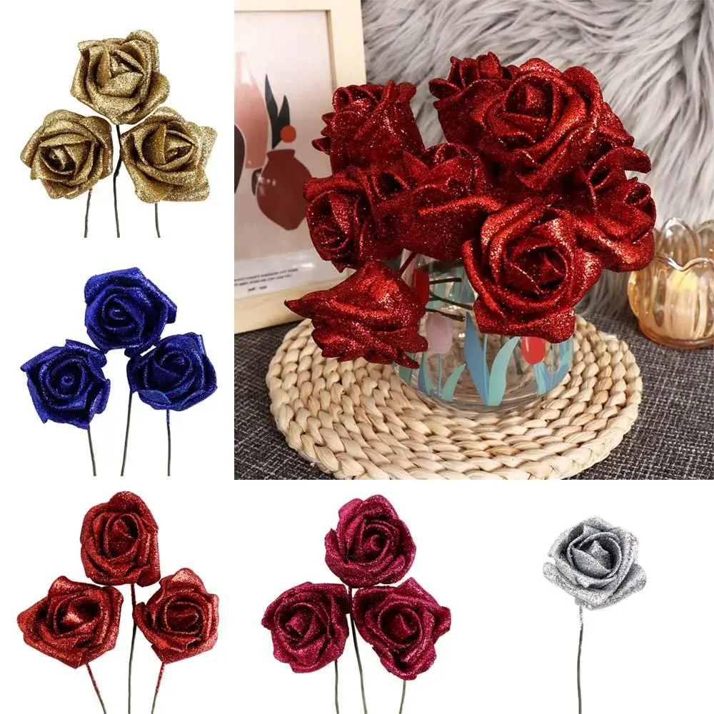 DIY Wedding Party Decor Blue Roses with Glitter Powder Foam Roses Artificial Flowers Decoration Artificial Roses