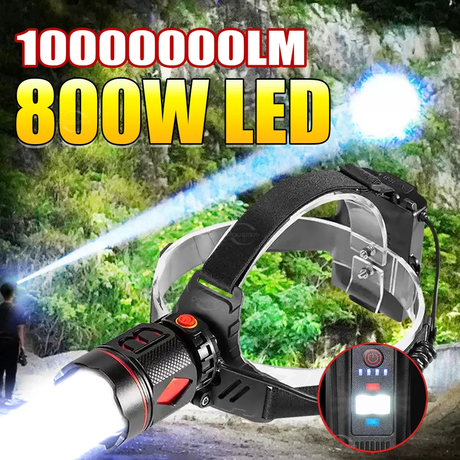 800W LED Most Powerful Headlamp 4000M Rechargeable Headlight 1000000 Lumens High Power Head Flashlight Fishing Head Lamp Lantern