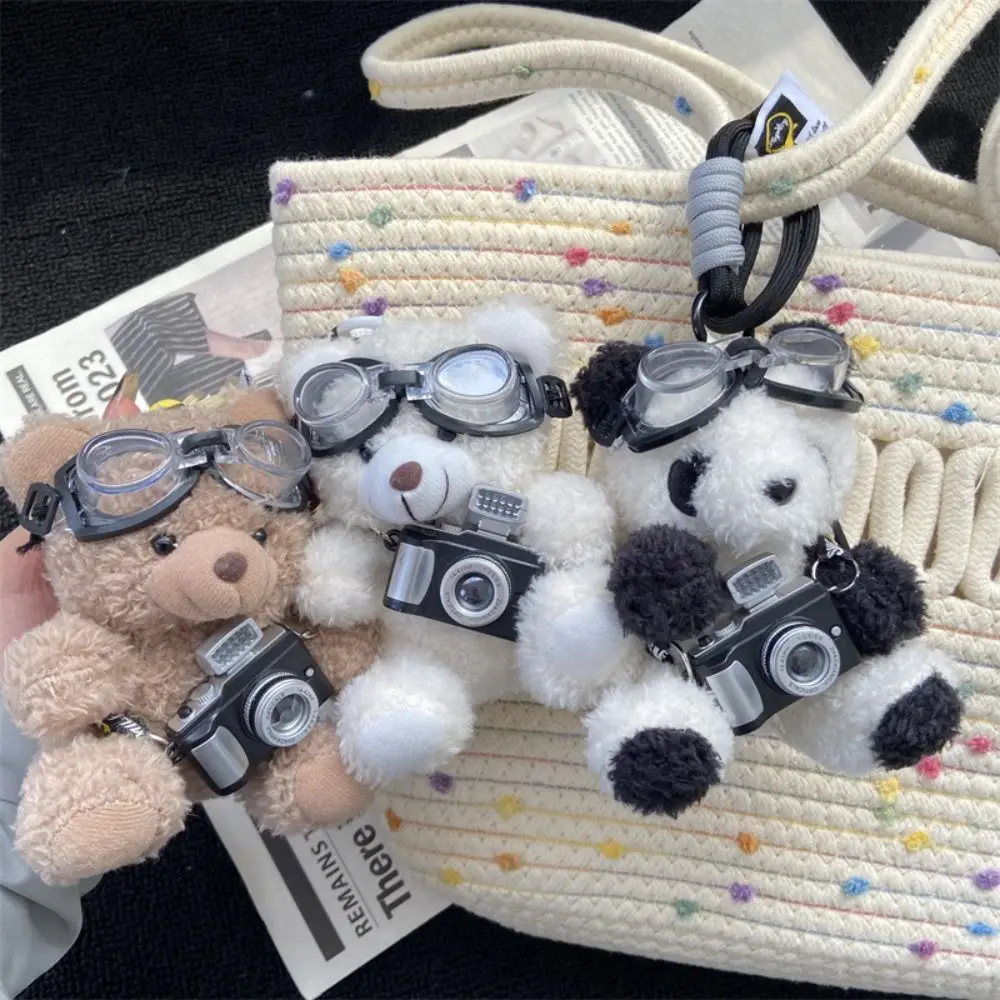 Mit Brille Pilot Bär Schlüsselanhänger Kamera Gefüllter Panda Plüschpuppe Schlüsselanhänger Tiere Niedliche Bärenpuppe Taschenanhänger Mädchen Geschenk