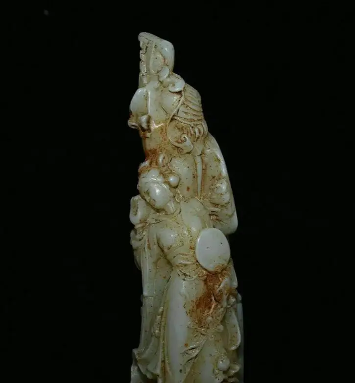 8.2" Old Chinese White Jade Carving Beauty Belle Flower Statue Sculpture image 5