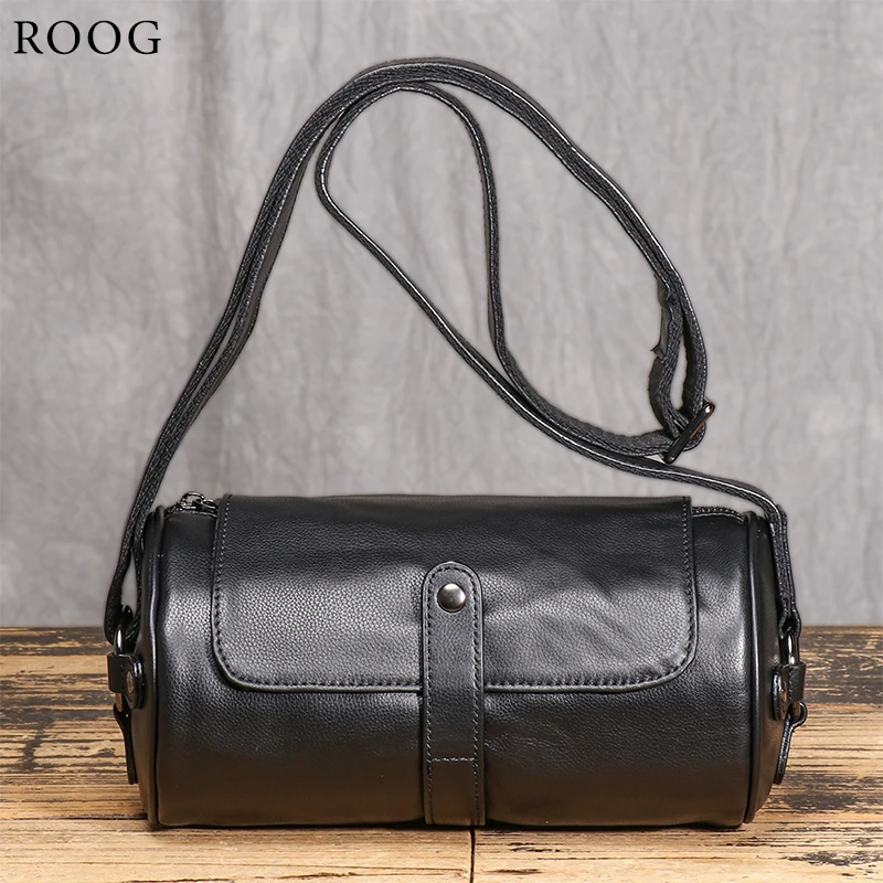 

ROOG Black Cylindrical Leather Crossbody Bag With A Stylish And Minimalist Design, Perfect For Easily Storing Everyday Items