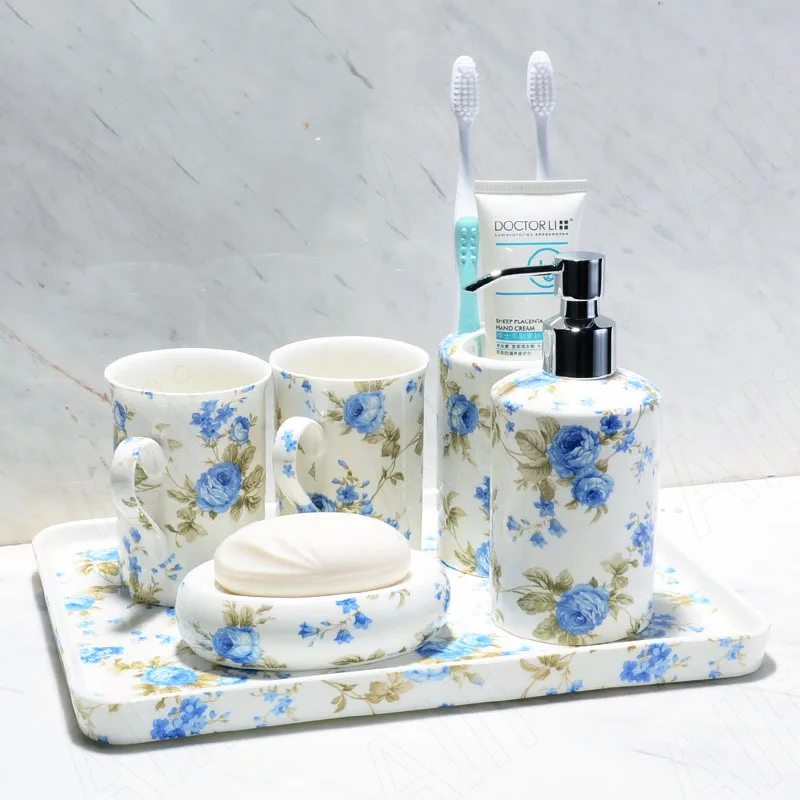 Modern Ceramic Bathroom Four Piece Set Hand Painted Flowers Decorative Storage Tray Desktop Mouthwash Cup Bathrooms Accesories