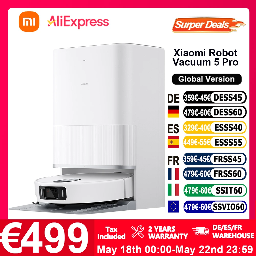 Globale Version Xiaomi Robot Vacuum 5 Pro (X20+-Upgrade), HD-Video, Einweganrufe, KI-Drei-Kamera-Identifizierung, 200 Arten von Hinderniserkennung,
