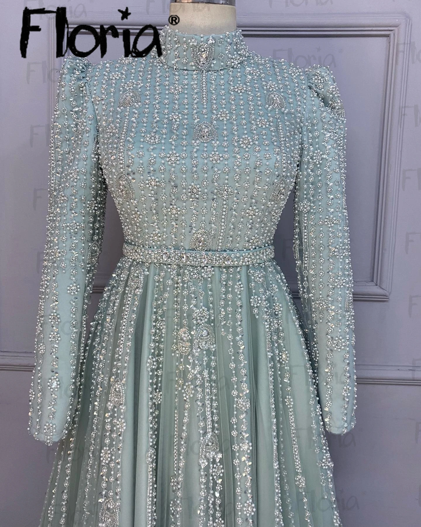 Muslim Mint Green A Line Long Sleeve Evening Dress Women Heavy Beaded Party Dressess For Weddings Caftan Marocain Luxe Mariée