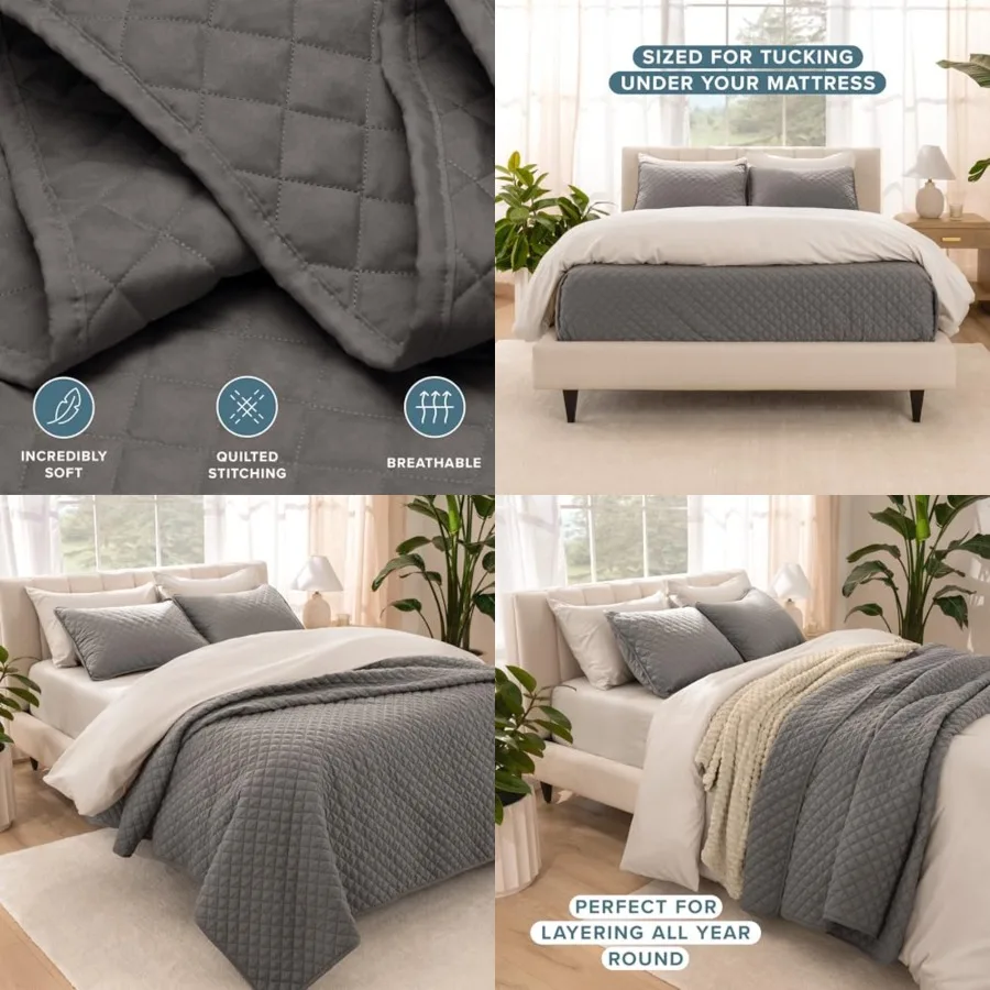 

Coverlet Set - - Lightweight Bed Decor - Comforter Alternative - All-Season Quilted Bedspread,Grey