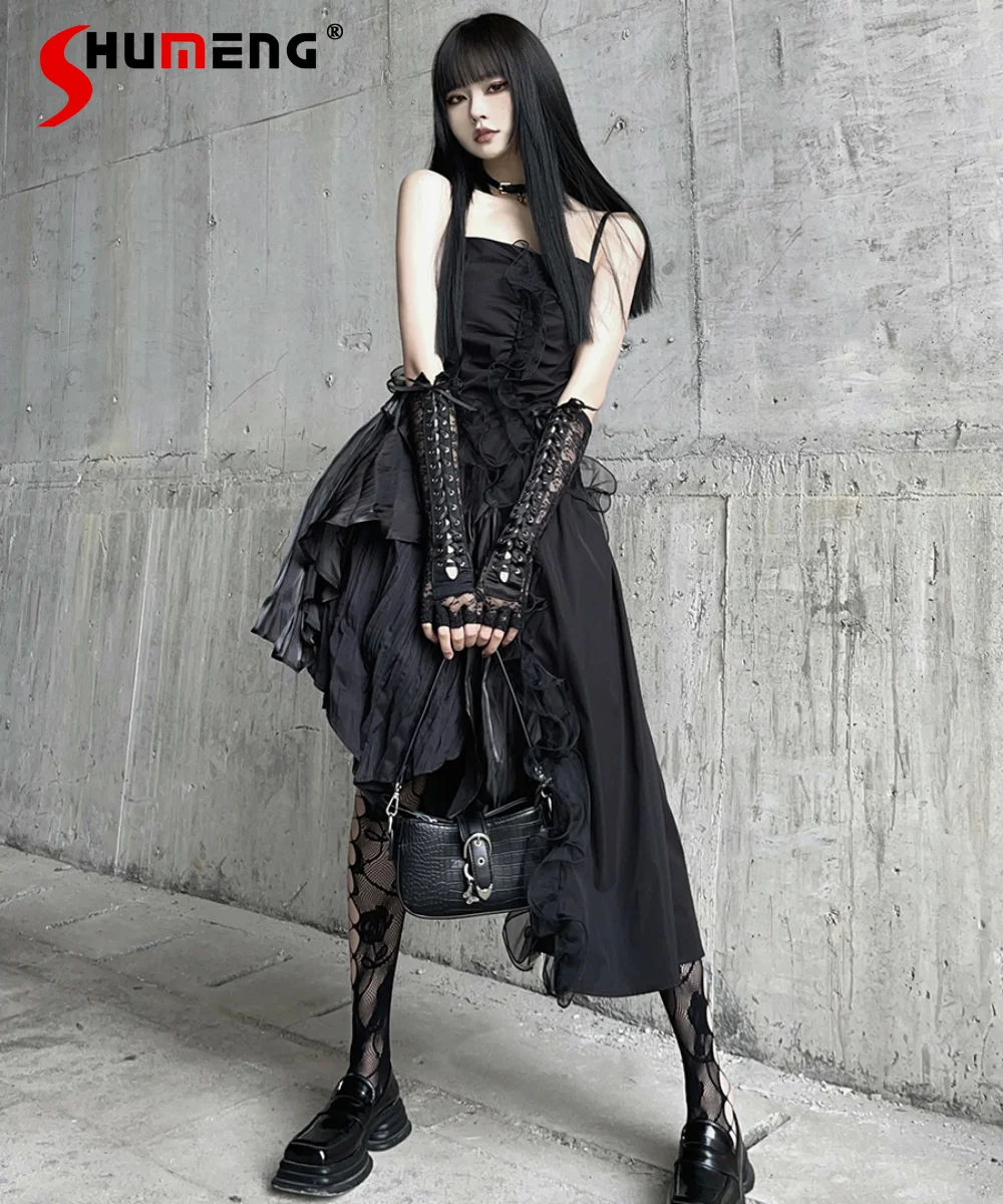 

Dark Summer Dress Women High Waist Slim-Fit Irregular Telegant Mid-Length Dresses Hot Girl God Black Fashion Party Dress 2024