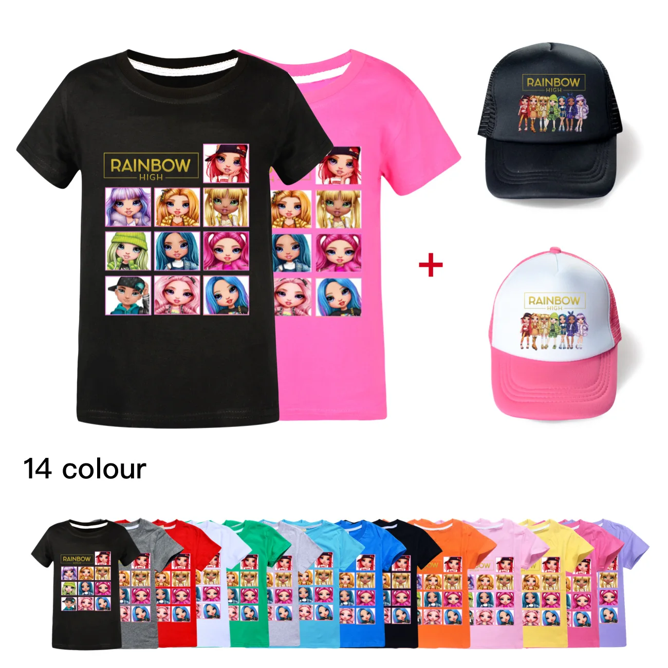 

New Rainbow High Kids T-shirts Costume Boys Girls Summer Tees Top Clothing Children Clothes Baby Casual Tshirt +Baseball Cap hat