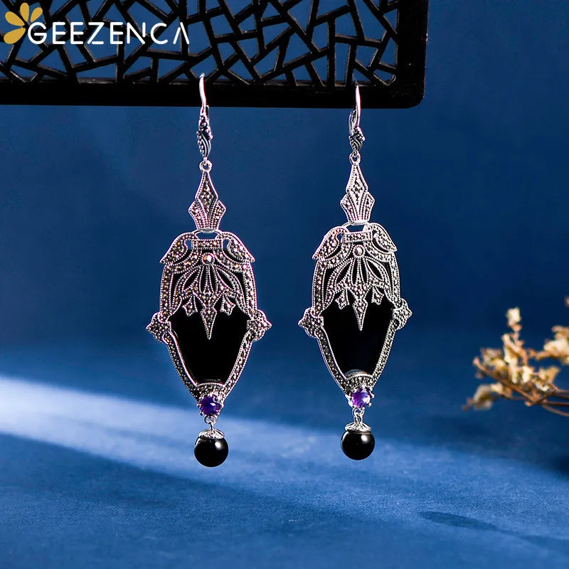 GEEZENCA Luxury 925 Silver Black Agate Marcasite Long Dangle Earrings For Women 2023 New Bohemia Exaggerated Unusual Earring