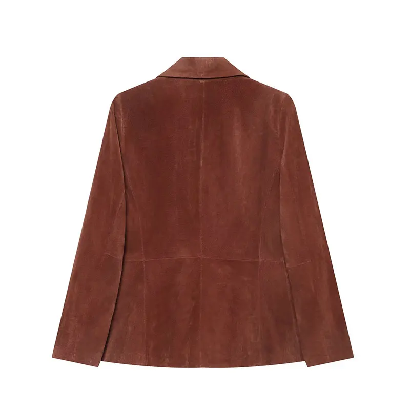 NLGZMSJ 2026 Autumn Office Lady Chic Women Suede Blazer Solid Pockets V-Neck Long Sleeve Double-breasted Blazer Fashion Outwears