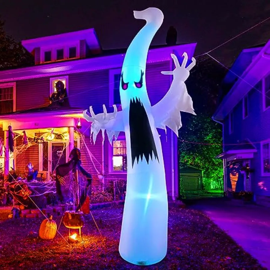 

12 FT Halloween Inflatables Ghost Outdoor Decorations Blow Up Yard Giant Scary Red Eye Ghost with Built-in Colorful LEDs for Ga