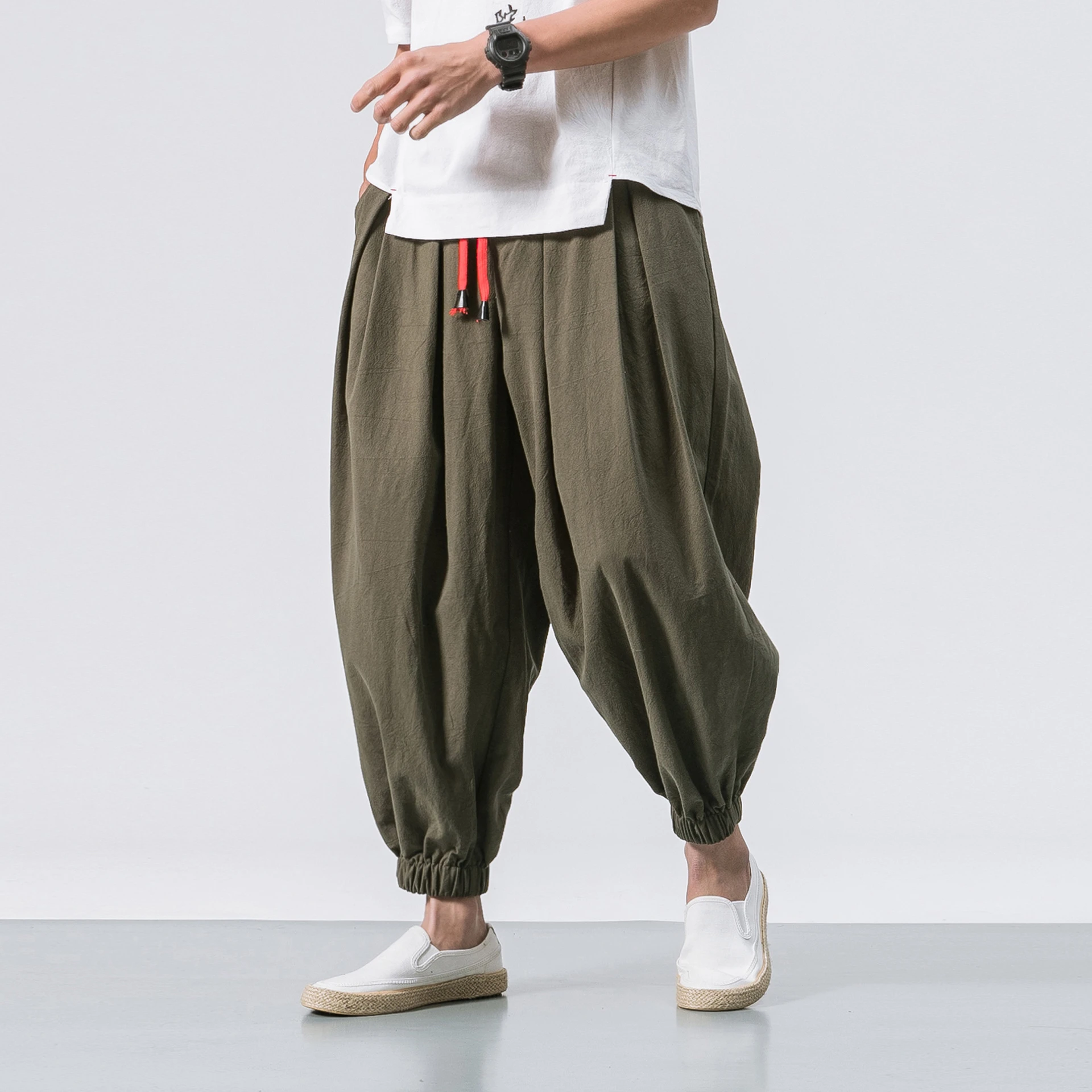 Cotton Linen Harem Pants Men Solid Elastic Waist Streetwear Joggers Baggy Pants Spring Men Loose Casual Trousers Men Sweatpants