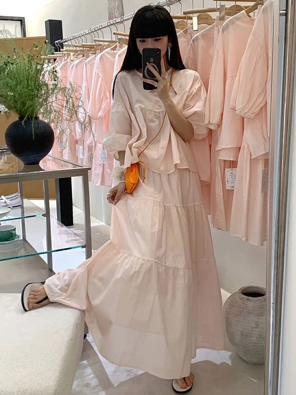 

plus Size 300 Pou Pink round Ne Doll irt Top High Waist A-Line Cake Skirt Two-Piece Set Summer Women's Korean Sle Ca...