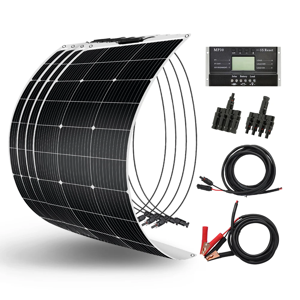 DOKIO 100W Flexibles Monokristallines Solarmodul-Set 18V / 8m Kabel | Wasserdichtes 12V Batterieladegerät für Auto, Haus, Wohnmobil