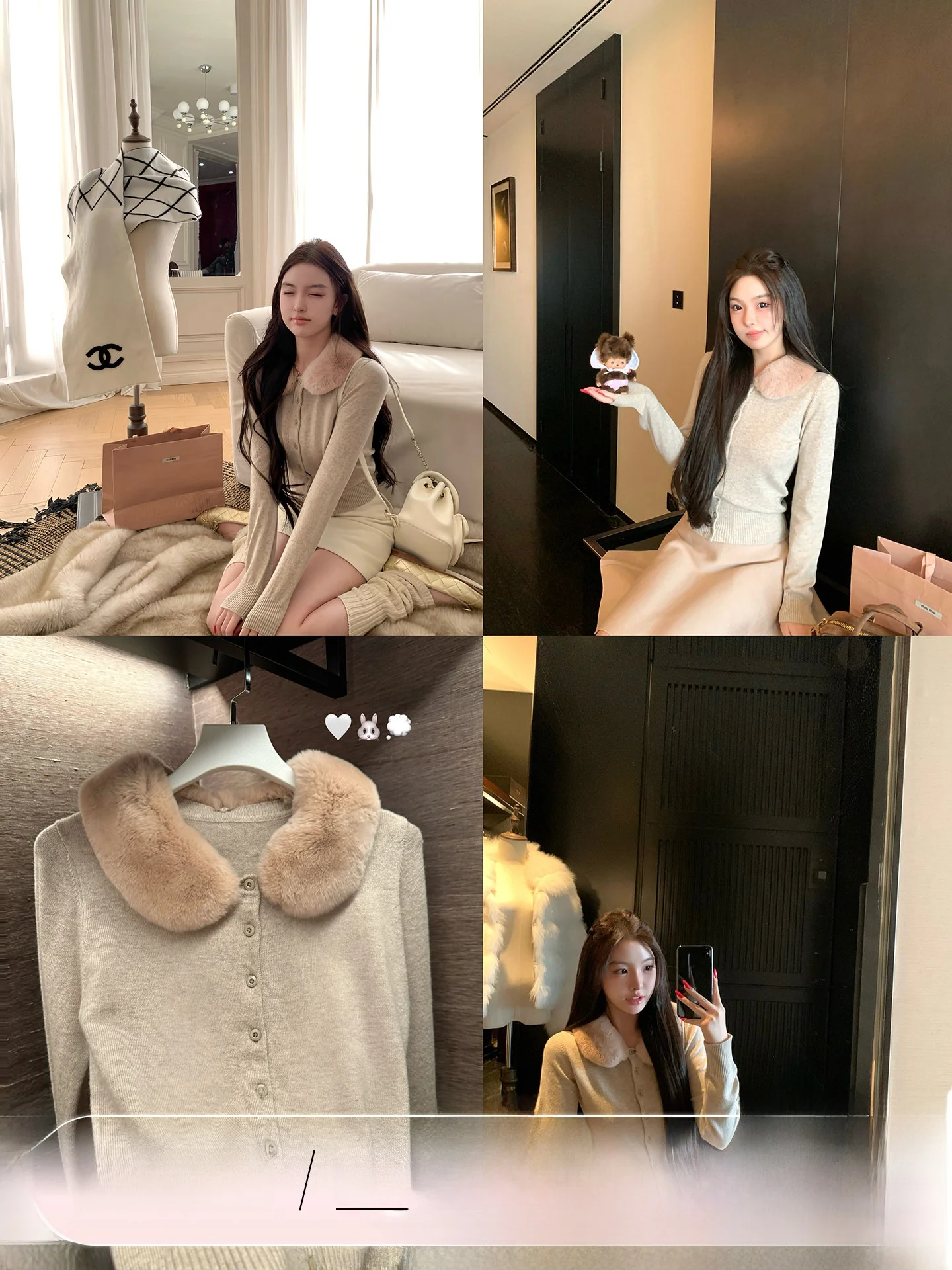 

Soft Skin Feeling Dolled up ort Knitted Cardigan Rabbit Fur Collar Base Layer Top Girls Faion Winter Warm Long Sve