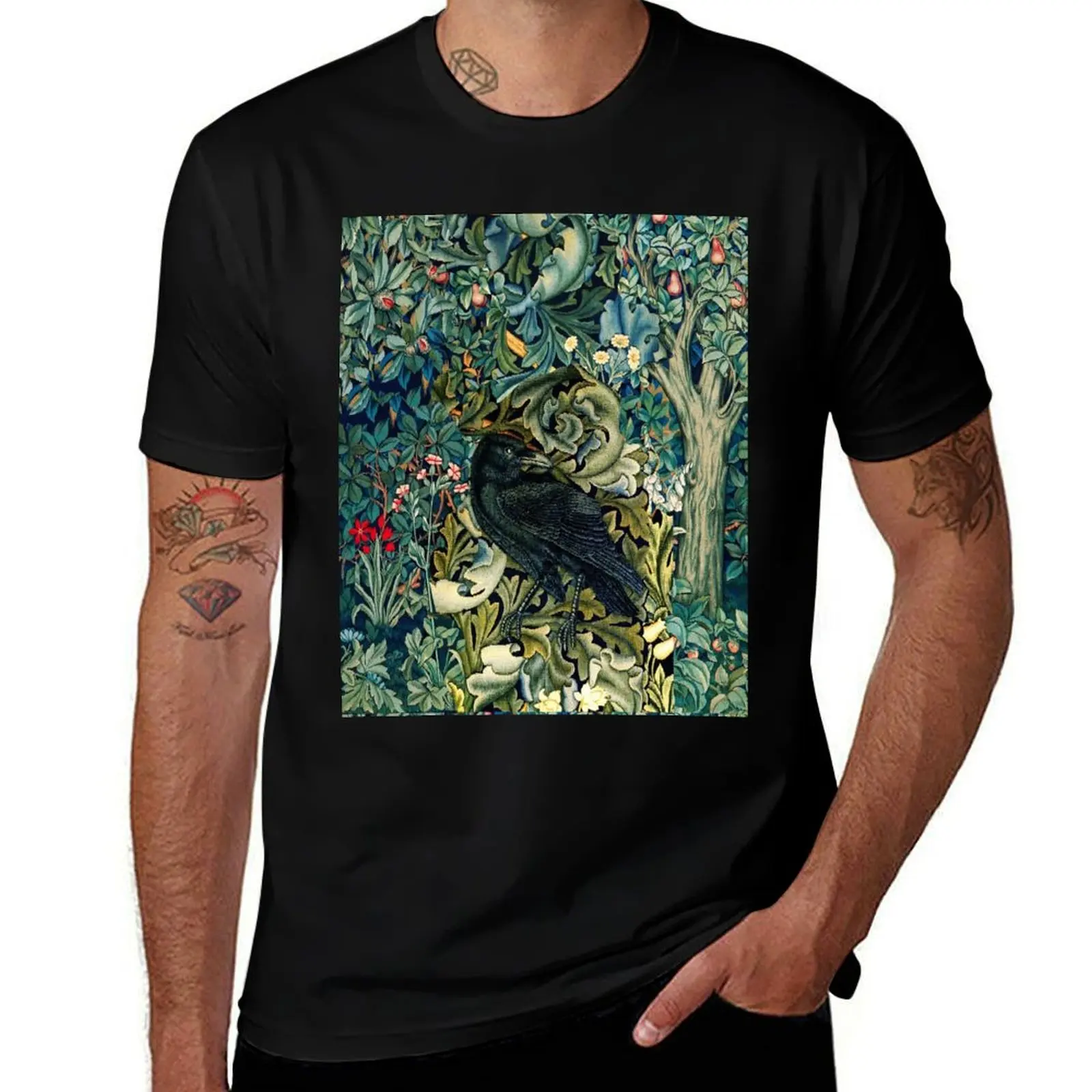

GREENERY, FOREST ANIMALS ,RAVEN ON ACANTHUS LEAVES Blue Green Floral T-Shirt oversized graphic t shirts men t shirt