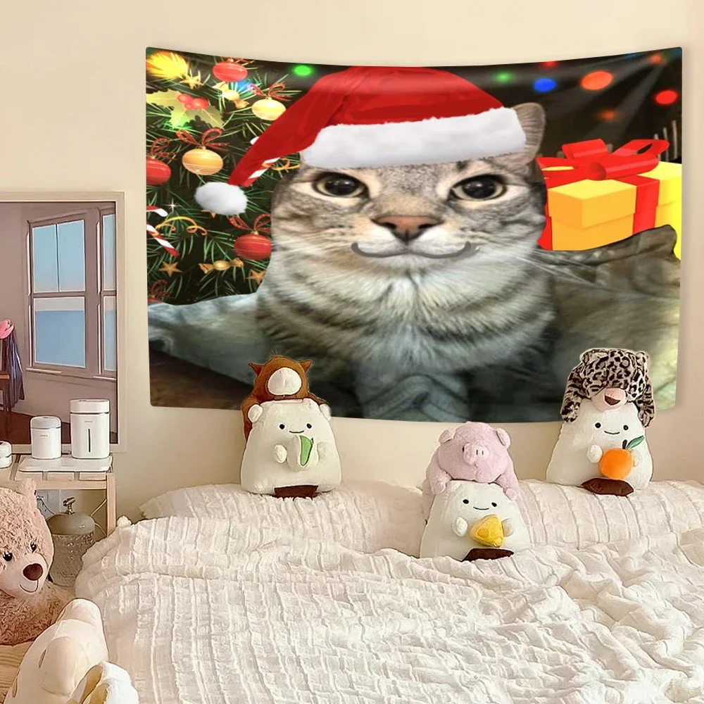 Afbeelding 6: Grappig kattenmeme wandtapijt, Kawaii Animal Home Decor wanddecoratie, slaapkamer slaapzaal achtergrond festival cadeau