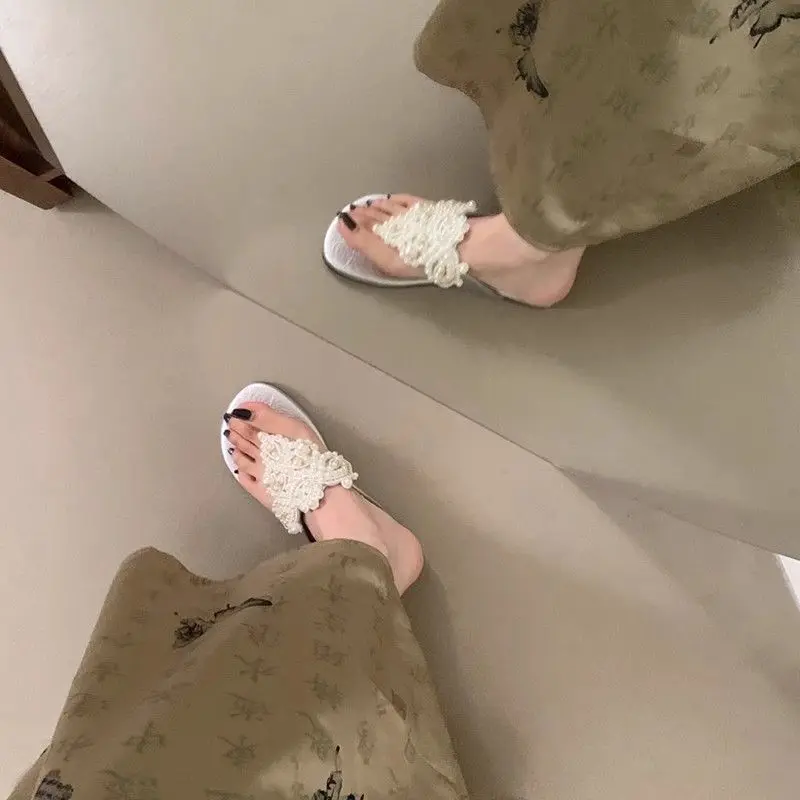 2024 New Summer Sweet Wind Beaded Design Double-toe Holiday Flip-flops Women's Shoes Elegant Fashion Casual Flat Sandals