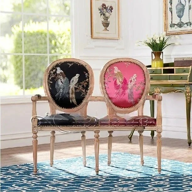 American neoclassical double back chair, European solid wood double sofa chair, solid wood double chair9344