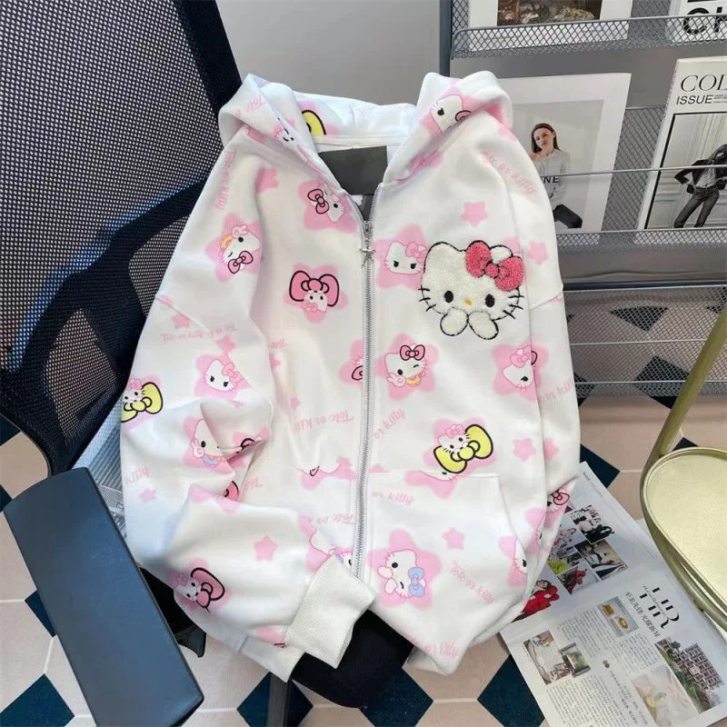 Cartoon Sanrio hello kitty printed sweatshirt jacket cute student cartoon printed cardigan hooded student girl loose jacket