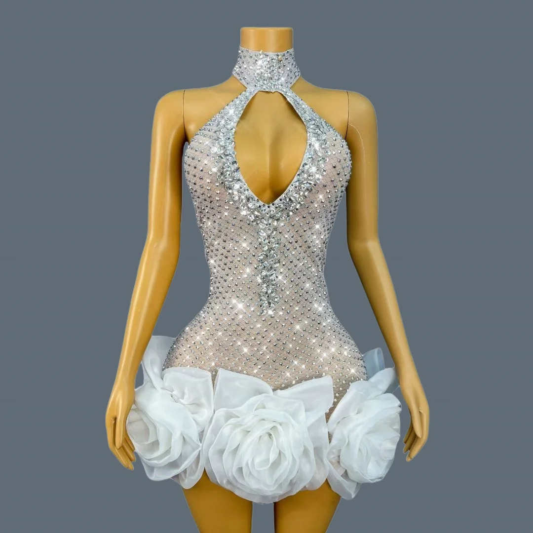 

3D Pleated Deep V Neck Cocktail Dres Sparkly Rhinestone Backless Mini Dress Birthday Celebrate Party White Short Dress Wanghua