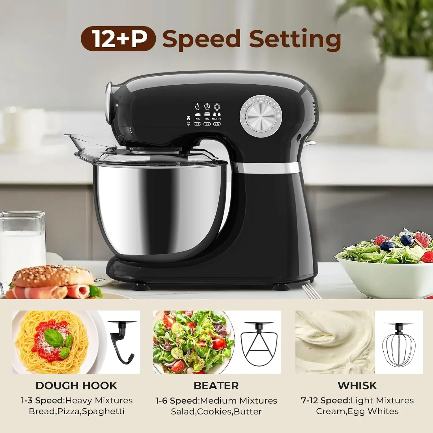 5.3 Quart Electric Stand Mixer 12 Speed Low Noise Tilt Head Kitchen Egg Whisk Dough Hook Flat Beater Anti Slip Suction Cup