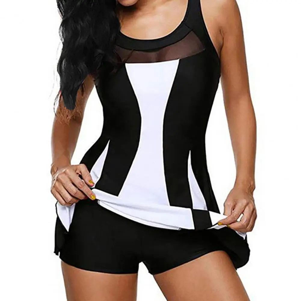 Summer Women Monokini U-Neck Sleeveless A-line Lady One-Piece Swimsuit Tummy Control Fake Two Pieces High Waist Female Swimwear