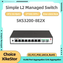 XikeStor 2.5G+10G 단순 L2 관리 8포트 2.5G RJ45 2포트 10G SFP+ VLAN 포트 집계 지원 원클릭 재설정
