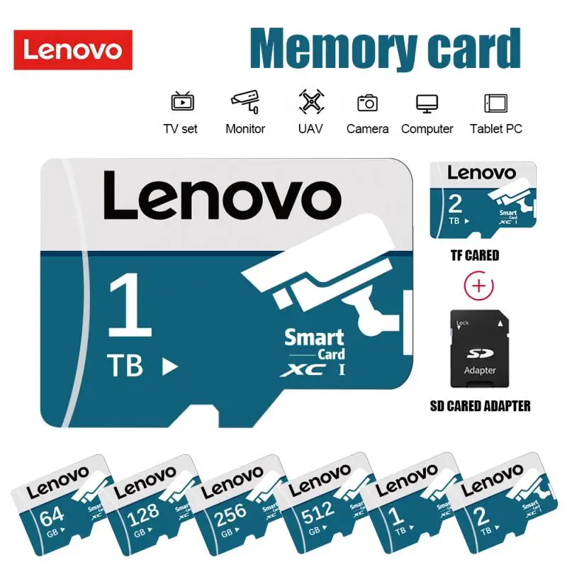 Lenovo kartu SD mikro TF U3 2TB, kartu SD 1TB kecepatan tinggi, kartu TF A2, kartu memori 512GB untuk kamera, ponsel, Drone, gratis adaptor SD