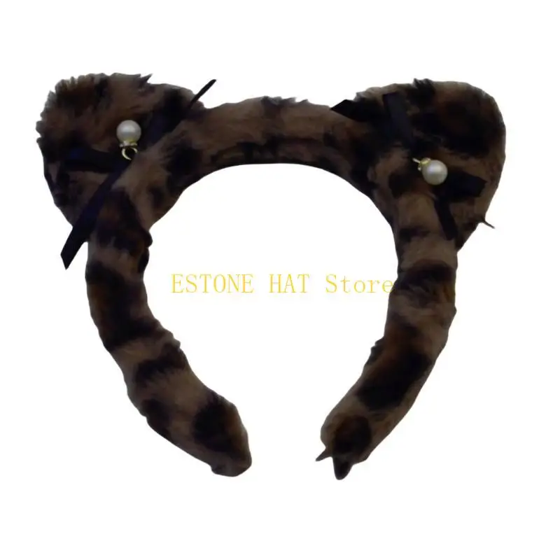 49MF Leopard Pattern Cats Ear Hairhoop Makeup Headband for Women Girl Music Festival